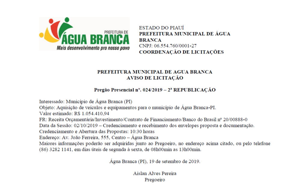 AVISO DE LICITAÇÃO – Pregão Presencial 0242019 (NOVA REPUBLICAÇÃO)