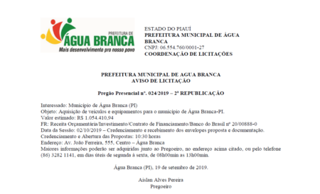 AVISO DE LICITAÇÃO – Pregão Presencial 0242019 (NOVA REPUBLICAÇÃO)