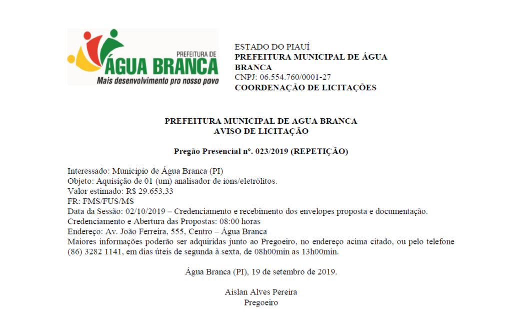 AVISO DE LICITAÇÃO – Pregão Presencial nº. 0232019 (REPETIÇÃO)