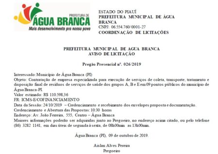 AVISO DE LICITAÇÃO Pregão Presencial nº. 026/2019 AVISO DE LICITAÇÃO Pregão Presencial nº. 026/2019