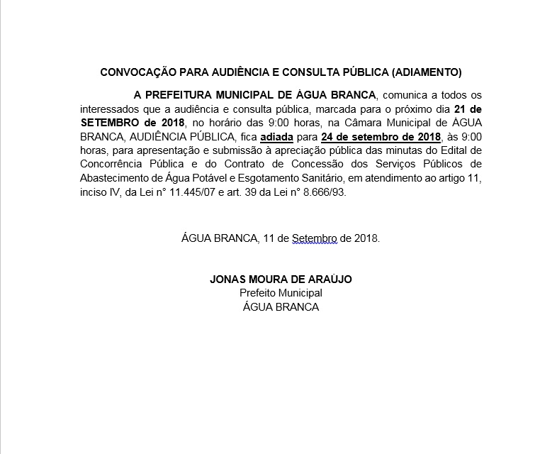 Convocação para audiência e consulta pública (ADIAMENTO) – Edital de Concorrência Pública e do Contrato de Concessão dos Serviços Públicos de Abastecimento de Água Potável e Esgotamento Sanitário
