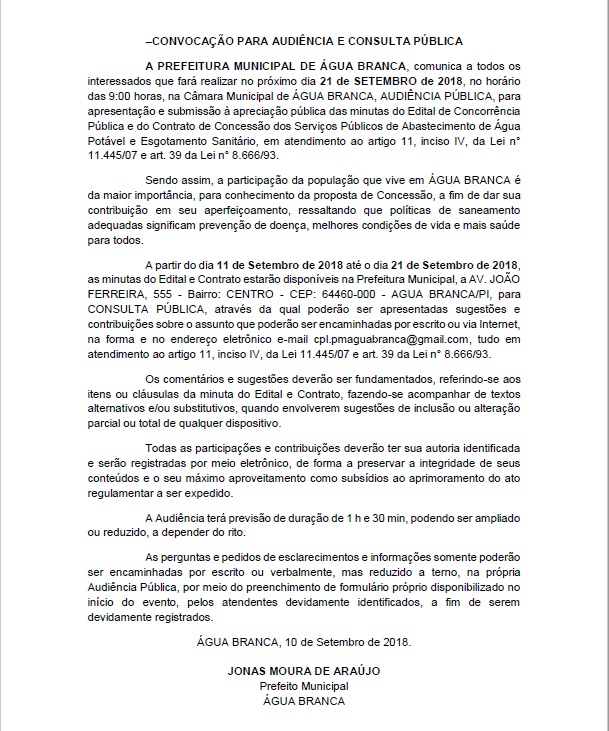 Convocação para audiência e consulta pública – Edital de Concorrência Pública e do Contrato de Concessão dos Serviços Públicos de Abastecimento de Água Potável e Esgotamento Sanitário