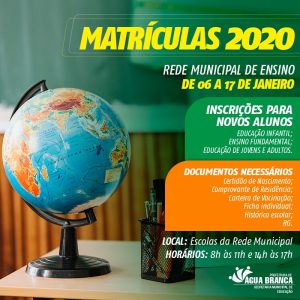 Matrículas para novos alunos da rede municipal de Água Branca seguem até dia 17