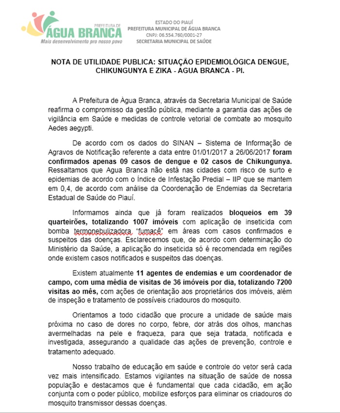 NOTA DE UTILIDADE PUBLICA: Situação Epidemiológica Dengue, Chikungunya e Zika – Água Branca – Pi