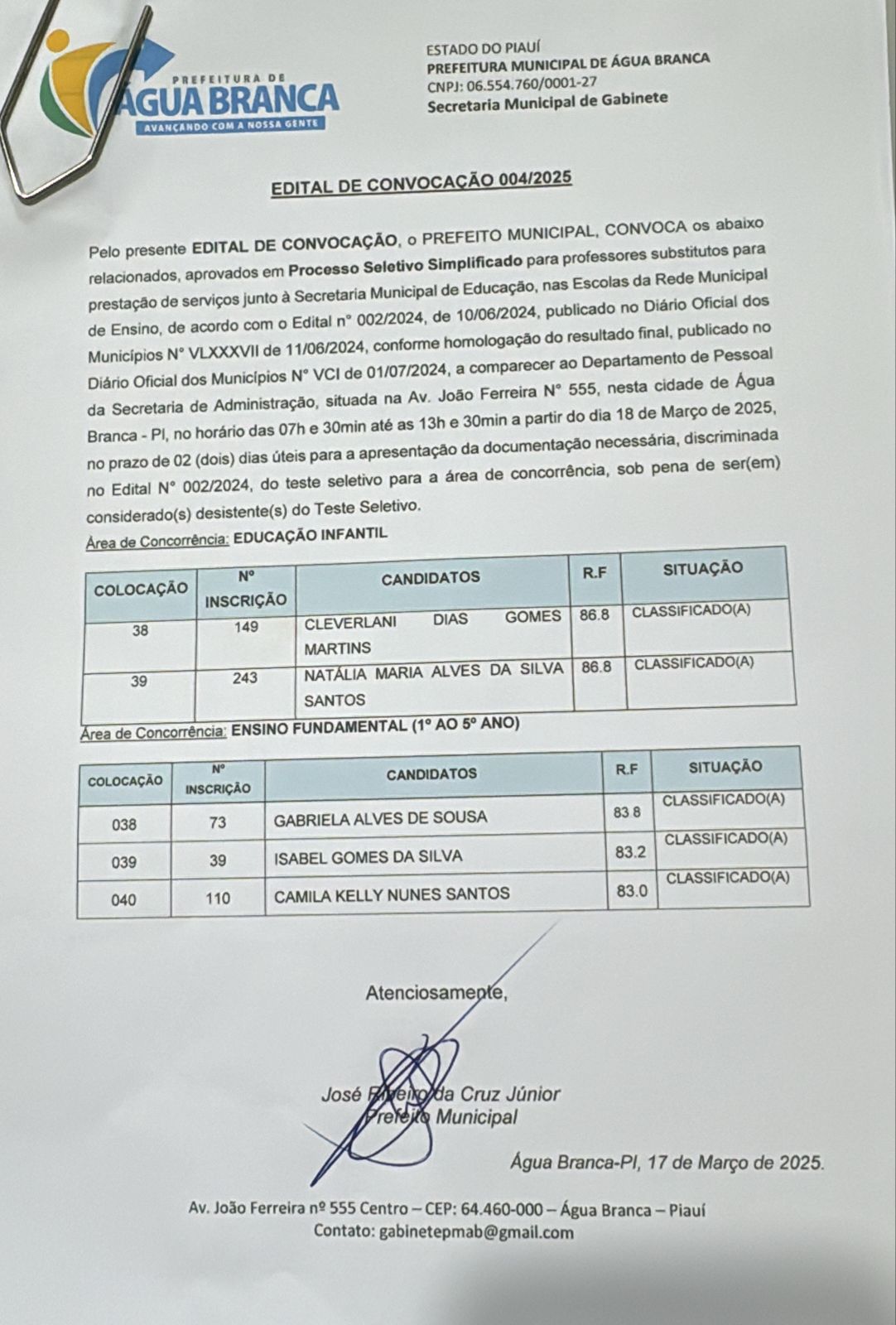 Prefeitura de Água Branca convoca mais cinco candidatos aprovados em processo seletivo para professor substituto