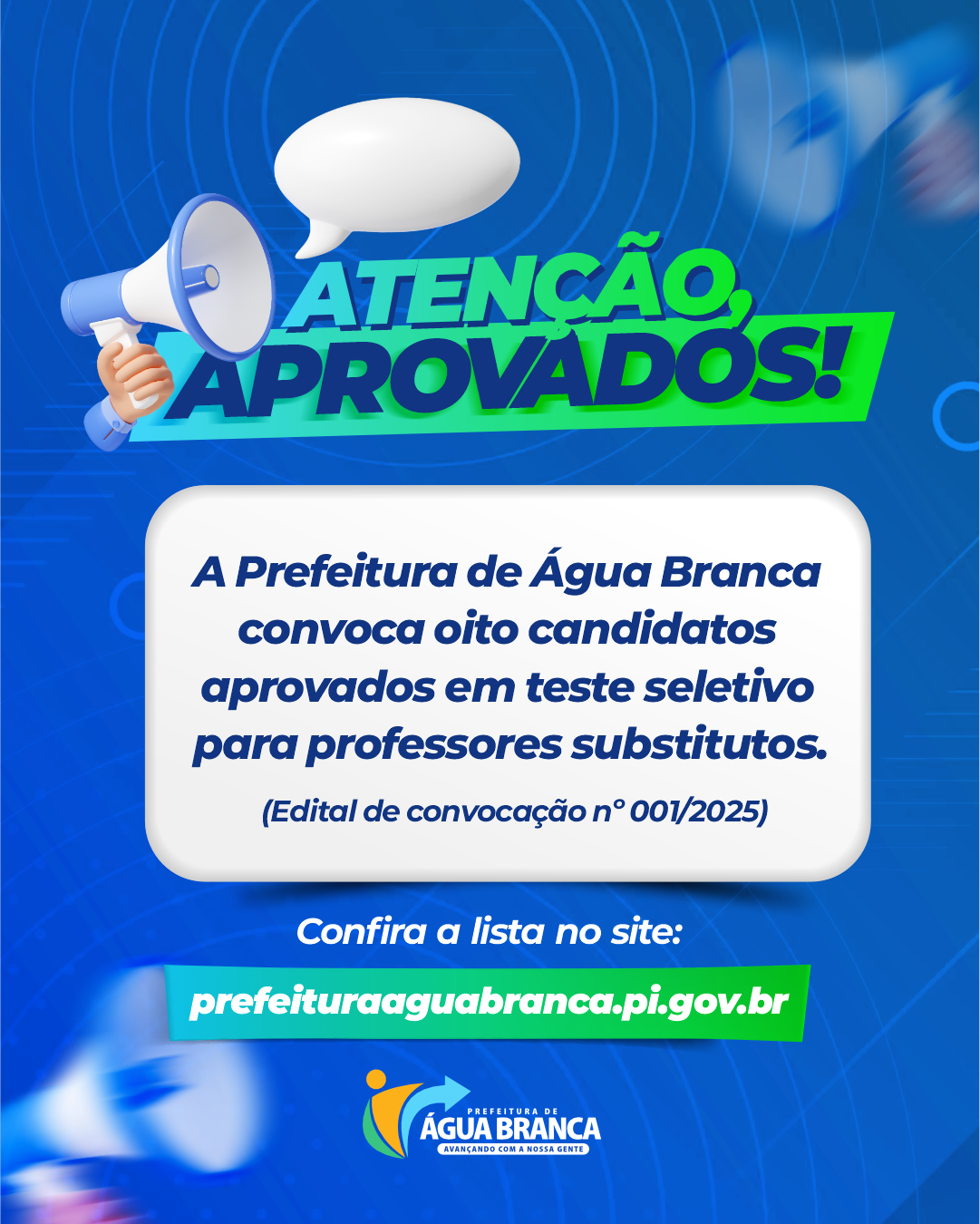 Prefeitura de Água Branca convoca oito aprovados no processo seletivo para professores substitutos Prefeitura de Água Branca convoca oito aprovados no processo seletivo para professores substitutos